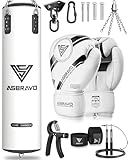ASBRAVO Punching Bag for Adults, 4ft PU Heavy Boxing Bag Set 12OZ Gloves for MMA Muay Thai Kickboxing Training Home Gym, Martial Art (Unfilled)-White