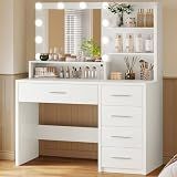 FIONESO Vanity Desk with Mirror and Lights, Makeup Vanity with 5 Drawers and 3 Storage Shelves, 3 Color Modes & Adjustable Brightness Dressing Table, Vanity for Girls, White