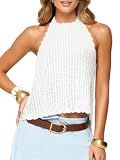 OZICERD Women Knit Crochet Tops Halter Mock Neck Backless Open Back Going Out Top Rave Club Vacation Cami Tank Top White S