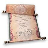 Custom parchment scroll with red, green and gold accents, 8x20 inches paper, handmade in USA