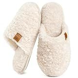 EverFoams Women's Fuzzy Slip-on Slippers Warm Cozy Soft Lightweight Memory Foam Indoor House Shoes Cream White, 7-8 US