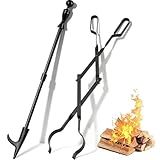 AMAGABELI Garden & Home 32" Long Fire Pit Poker Stick and 26" Fireplace Tongs Tool Sets Fireplace Log Grabber for Firewood Campfire Bonfire Heavy Duty Wrought Iron Rustproof Indoor Outdoor Wood Stove