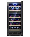 15 Inch Dual Zone Wine Refrigerator, 28 Bottle Under Counter Wine Fridge for Built-In or Freestanding, Wine Cooler with Removable Shelves, Double-Layer Glass Door, for Home, Office (Black)