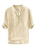 Ryannology Mens Linen Shirts Casual Cotton 3/4 Sleeve Henley T-Shirt
