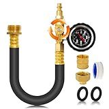 Brass RV Winterizing Kit with Pressure Gauge - 17 Inch Garden Hose, 3/4" GHT Blow Out Fitting Adapter & 1/4" NPT Quick Connect Plug - Sprinkler Blowout Tool for Camper, Travel Trailer