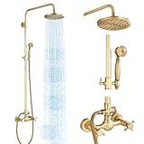 MOSSON Antique Brass Shower System Bathroom Shower Faucet Set with 8 Inch Rainfall Shower Head Handheld Spray 2 Cross Handles Wall Mounted Outdoor Shower Fixtures Solid Brass