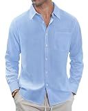 J.VER Men's Lightweight Linen Long Sleeve Shirts Casual Button Down Shirt Family Vacation Shirt with Pocket Light Blue Large