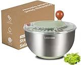Lunememo Stainless Steel Salad Spinner, Lettuce Spinner with Drain, Non-Slip Base, Stop Button, Vegetable Dryer, BPA Free, 5.3 Qt