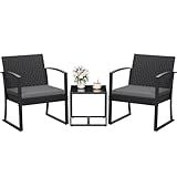 Homall Resin 3 Pieces Patio Furniture Set, Outdoor Bistro Set with Cushions and Glass Table, Conversation Set Rattan Chair for Porch, Balcony, Poolside, Garden (Grey)