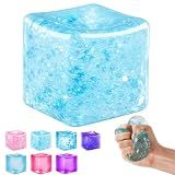 Ice Cube Squishy Fidget Toy, Slow Rise Squeeze Sensory Toy Stress Ball for Office Desk Anxiety Relief, Focus & Calm Novelty Gift for Teens - Blue Glitter