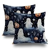 Shrahala Halloween Watercolor Ghosts Decorative Pillow Covers, Pumpkins Starry Night Sky Clouds Throw Pillow Cover Blended Hidden Zipper Cushion Cases for Sofa Couch Bed Set of 2 (26 X 26 in)