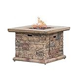 COSIEST Outdoor Propane Fire Pit Table w Faux Brown Ledgestone 32-inch Square Fire Table, Certified, 50,000 BTU Stainless Steel Burner, Free Lava Rocks, Fits 20lb Tank Inside