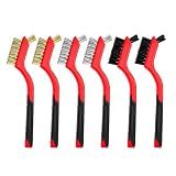 FSTURIOS 6 PCS Wire Brush Set, 7 Inch Brass/Stainless Steel/Nylon Bristles with Curved Handle Grip, Deep Clean Detailing Tools Metal Brushes for Rust Removing Dirt Paint Scrubbing