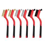 FSTURIOS 6 PCS Wire Brush Set, 7 Inch Brass/Stainless Steel/Nylon Bristles with Curved Handle Grip, Deep Clean Detailing Tools Metal Brushes for Rust Removing Dirt Paint Scrubbing