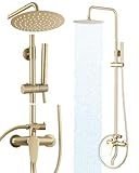 RALANDA Outdoor Shower Fixture,3 Functions Handle Tub Rainfall Shower Faucet Sets with Dial Thermometer Brass Valve, Exposed Shower System with 10'' Rainfall Shower Head Adjustable (Brushed Gold)