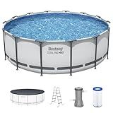 Bestway Steel Pro MAX 14' x 48" Above Ground Pool, Round Metal Frame Outdoor Swimming Pool Set with Filter Pump, Ladder, and Cover, Gray