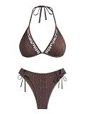 AFUL Women's Halter Triangle Bikini Set Crochet Boho Floral Swimsuit Cut Out Tie Side Two Piece Bathing Suit Coffee Brown S