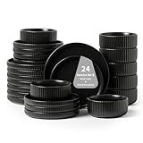 FOBENTA 24 Piece Dinnerware Set,Bold Black Dish Set with Plates and Bowls for 8 – Premium Ceramic Tableware for Hosting & Large Gatherings
