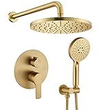 Iriber Shower System Wall Mounted Shower Faucet Mixer Set with Luxury High Pressure Shower head and 3-Setting Handheld, Bathroom Shower Trim Kit Contain Pressure Balance Valve,Brushed Gold