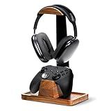 UPERGO Headset Stand with Gaming Controller Holder, Walnut Wood Headphone Stand with Storage Base, Gaming Equipment Accessories for Desk