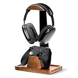UPERGO Walnut Headphone Stand with Controller Holder & Storage Base