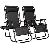 Yaheetech 26" Zero Gravity Recliners Outdoor Adjustable Folding Reclining Lounge Chairs w/Pillows, Cup Holder Trays and Carry Strap for Patio Backyard Beach New Black Set of 2