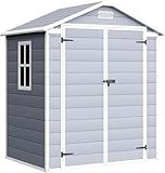 Devoko 6x4 FT Plastic Outdoor Storage Shed, Waterproof Resin Garden Shed with Lockable Door, Outside Tool Shed with Floor for Backyard, Patio, Lawn, Poolside, Light Grey