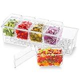 Lifewit Ice Chilled Condiment Caddy with 5x 20oz(2.5 cup) Containers, 15.3" Condiment Server with Separate Lids, Serving Tray Platter with Removable Dishes for Bar, Fruit, Salad, Taco, Party Garnish