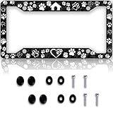 Dog Paw Print License Plate Frame -1Pcs Pet House License Plate Holder Black Funny Aluminum Car Accessories Personalized Car Plate Frame Decoration 12.3" X 6.3" with Screws for Men Women