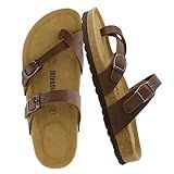 CUSHIONAIRE Luna Sandals for Women, Cork Footbed Womens Sandals for Summer Comfort with Adjustable Straps, Wide Width Available, BROWN 8.5