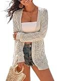 Arach&Cloz 2026 Oversized Cover Ups for Women Linen Blend Open Front Boho Top Hollow Out Long Sleeve V Neck Spring Summer Lightweight Crochet Mesh Knit Beach Cardigan Fashion Clothes Beige L