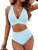 Blooming Jelly Womens High Waisted Bikini Sets Tummy Control High Cut Push Up Bathing Suits Ruched Cute Swim Suit (M, Sky Blue)