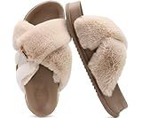 KuaiLu Women's Fuzzy Platform Slippers Comfortable Orthotic Arch Support Furry Faux Fur Ladies Open Toe Slides Cross Band Sandals Plantar Fasciitis Slip on House Shoes Indoor Outdoor Beige Size 8