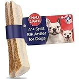 Devil Dog Pet Co. Split Elk Antlers for Dogs, Small 4"+, 2 Pack, Grade A Long Lasting Chew for Aggressive Chewers, Premium USA Naturally Shed Antler – Healthy, No Odor, Durable Dog Chew
