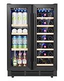 ICEVIVAL Wine and Beverage Refrigerator, 24 Inch Built-In Wine Fridge with Glass Door, Holds 20 Wine Bottles & 60 Cans, Under Counter Refrigerator with Quiet Cooling System & Blue LED Light(Black)