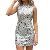Women Sparkle Sequin Mini Dress Shiny Glitter Round-Neck Tank Short Dress Sparkly Night Out Cocktail Clubwear Dresses (Silver, S)