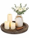 Hanobe Candle Plate Holder Tray: Round Wood Decorative Candle Plate - Rustic Farmhouse Coffee Table Decor - Tealight Pillar Trays for Home Decor (Distressed)