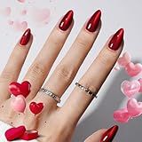Modelones Red Cat Eye Press on Nails Almond, Valentines Short Fake Nails, Reusable Nail Kit with Nail Glue Adhesive Tabs Mini Nail File, Nails Press Ons 32Pcs 16 Sizes, Women Girl Gift