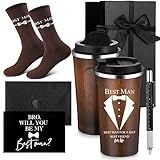 Nuanchu 6 Pcs Best Man Gifts Wedding Proposal Gift for Best Man Groomsman 17oz Office Cup Tumbler Socks Multi Tool Ballpoint Pen with Greeting Card Envelope(Wood Color)