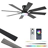 JSAITEE 52 inch Ceiling Fan with Light, 6 Speeds Reversible Low Profile Ceiling Fan with Light and Remote/APP Control, 3 Color Temp+Dimmable RGB, 8 Blades, Flush Mount Quiet Ceiling Fans, Black