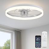 Fszdorj 20‘’ Ceiling Fan with Light, Upgraded Low Profile Fan, Flush Mount Ceiling Fan, 6 Speeds, Dimmable LED, App & Remote Control, Quiet DC Motor, for Bedroom, Living Room, F115 White