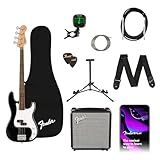 Fender Squier Debut Series Precision Bass Guitar Pack, Beginner Guitar Pack, 2-Year Warranty, Includes Rumble 15 Amplifier, Padded Gig Bag, Instrument Cable, and More, Black with Satin Urethane Finish
