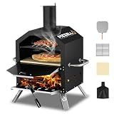 Pizzello Outdoor Pizza Oven Wood Fired 2-Layer Pizza Ovens Outside Pizza Maker with Stone, Pizza Peel, Cover,Removable Cooking Rack for Camping Backyard BBQ (Black)