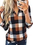 Dokotoo Womens Spring Fall Fashion Casual Ladies Basic Cotton Cuffed 3/4 Long Sleeve Plaid Print V Neck Work Tunic Tops and Blouses Shirts for Women 2025 Orange