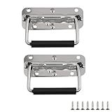 YiiSeeJo 2 Pcs Spring Loaded Handle,Heavy Duty Stainless Steel Chest Handle, Rubber Grip Folding Handles for Toolbox Chest Case Trunks Crates Storage Boxes (2, Silver)