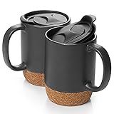 DOWAN Coffee Mugs, 15 oz Mug Set of 2, Large Ceramic Coffee Mug with Cork Bottom and Spill Proof Lid for Mom Dad, Big Mug for Latte Tea, Matte Grey