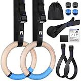 RENRANRING Gymnastics Rings Wooden Gym Rings 1.25'' Training Rings with 16.73ft Adjustable Numbered Straps, Olympic Rings for Home Gym, Workout, Exercise, Calisthenics, Pull Up