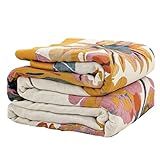 Boho Throw Blanket for Bed 50”x60”, 100% Cotton Woven Blanket for Couch Sofa, Ultra Soft 4-Layer Muslin Quilt with Floral Printed, Farmhouse Bed Blanket/Cover for Living Room Decor
