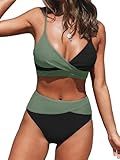CUPSHE Bikini Sets for Women Two Piece Swimsuits High Waisted Twist Front Adjustable Spaghetti Straps V Neck Back,M Black/Green