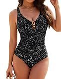 Blooming Jelly Womens Tummy Control Swimsuits Metal One Piece Bathing Suit V Neck Shiny Swim Suits 2026 (Medium, Black)